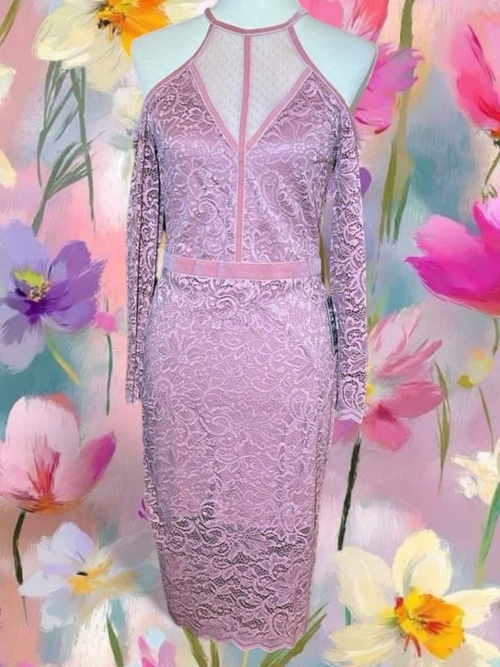 Express Dusty Pink Lace Halter Cold-Shoulder Midi Dress
